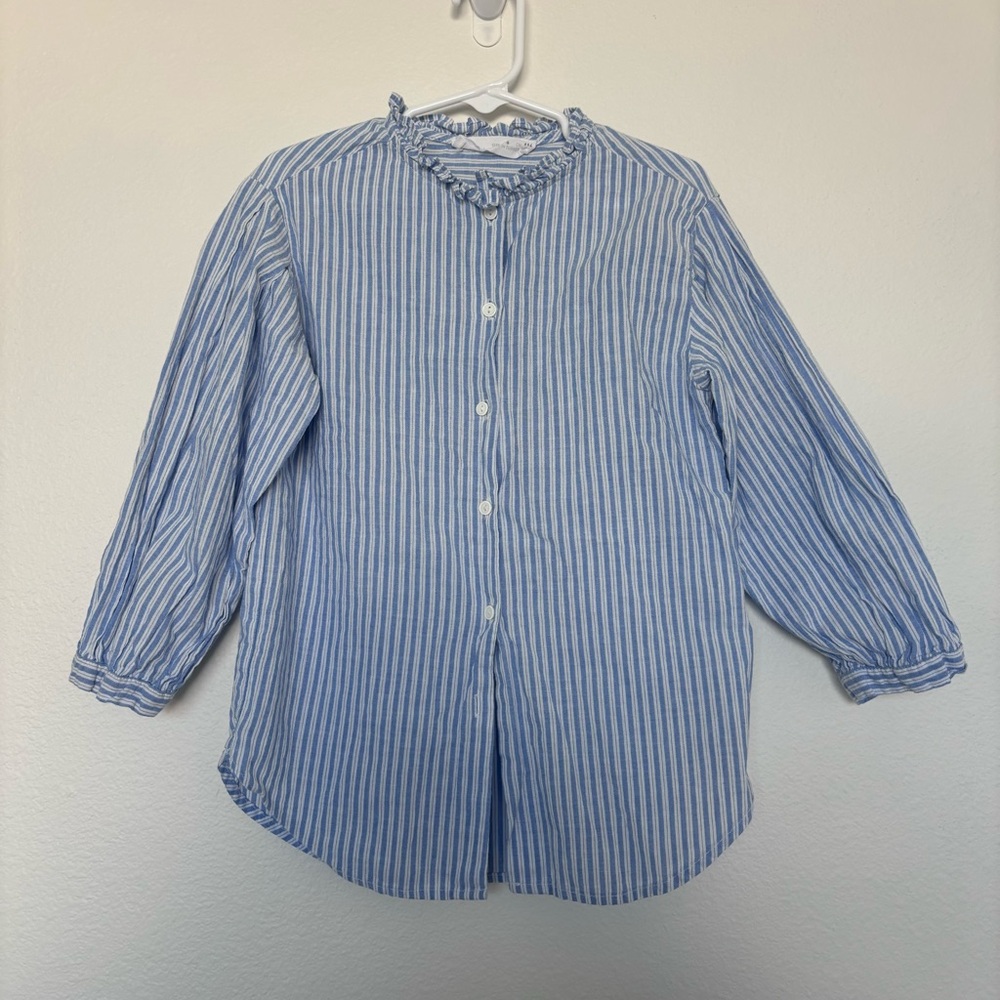 Zara puff sleeve ruffle neck button down top